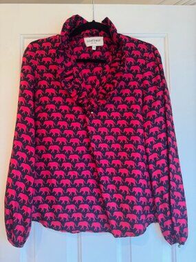 Elizabeth McKay Signature Navy & Hot Pink Elephant Print Ruffle Blouse Size 4